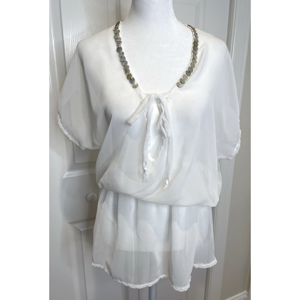 Womens Sheer White Beaded Top Size M Ethereal Fairy Angel Romantic Soft‎ Dainty